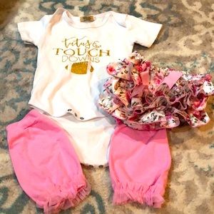 Football onesies with leg warmers and bloomers